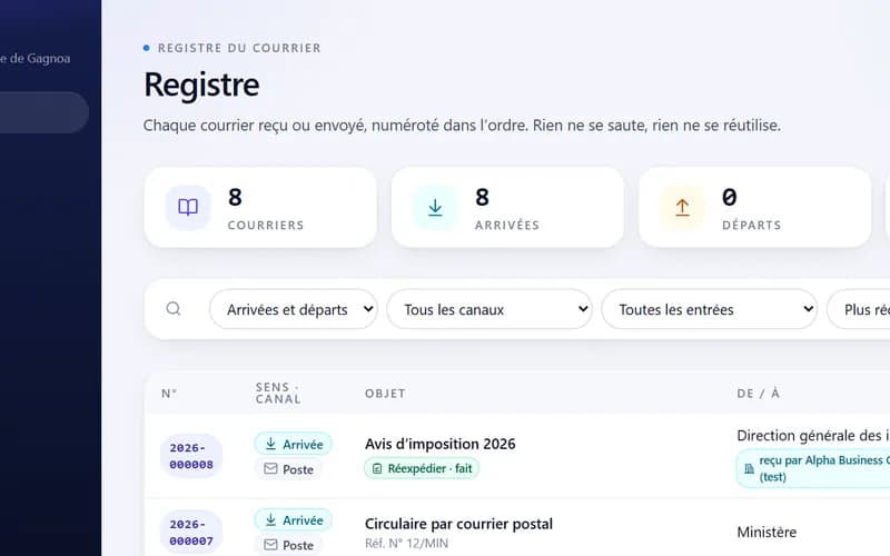 Le registre de Courrier : courriers arrivés et partis