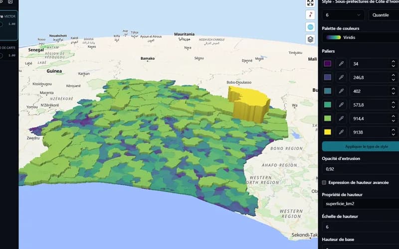 Une carte en relief des sous-préfectures, dans OrbiStudio