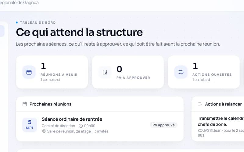 Le tableau de bord de ViNote : réunions à venir et actions ouvertes