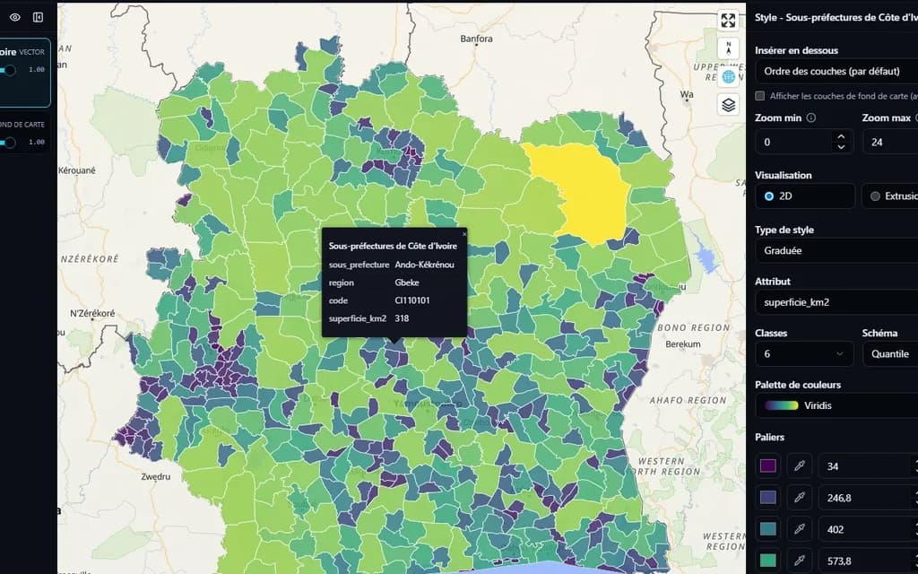 OrbiStudio ouvert dans la plateforme : une carte des sous-préfectures et la fiche de l’une d’elles
